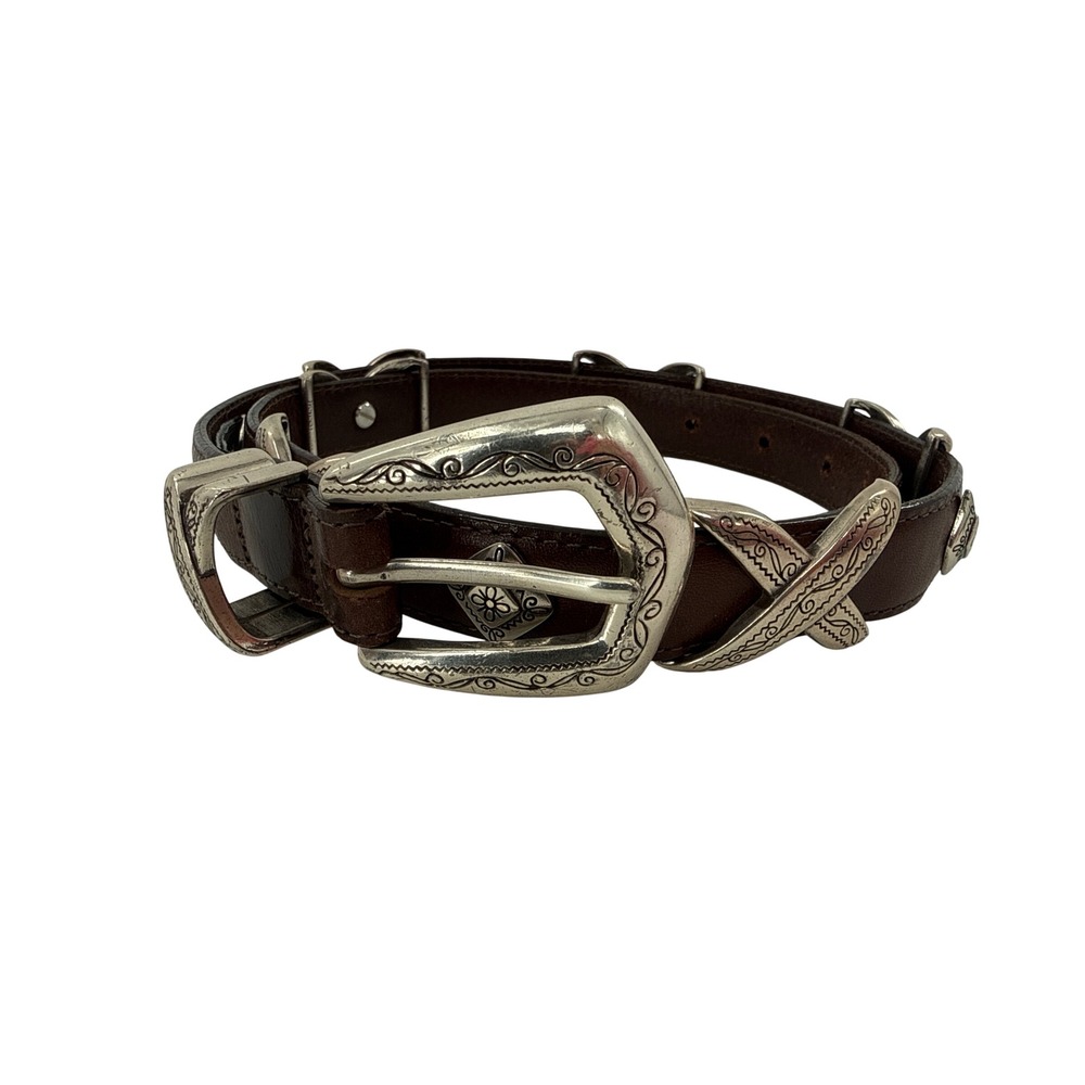 Brighton Leather Belt Womens M Brown 46909 Western Silver X Concho Scroll Buckle